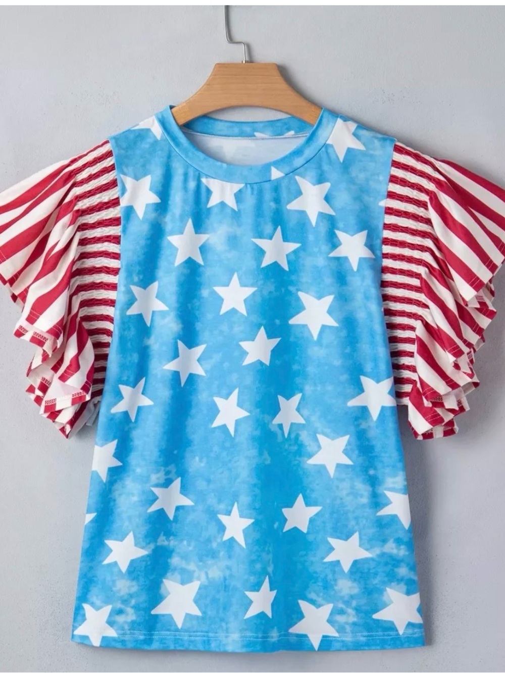 Womens Star Print Ruffle Sleeve Top - Blue & Red